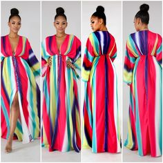 Maxi Dress Features, A Non-Stretch Fabric, V-Neckline, Long Kimono Sleeves, Elastic Waistline, Underlined, Finished With A Front Button Up Closure. Height: 5.7" Bust:33" / Waist:26" / Hips:40" Multicolor Flowy V-neck Maxi Dress, Pink Flowy V-neck Maxi Dress, Colorful V-neck Vacation Dress, Vibrant V-neck Maxi Dress For Spring, Multicolor V-neck Maxi Dress For Party, Colorful V-neck Dress For Day Out, Flowy Multicolor V-neck Maxi Dress, Vibrant Multicolor V-neck Dress, Multicolor Open Front Dress For Vacation