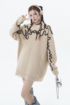 Apricot Line Knitted Sweater
Fabric: Acrylic, Viscose




Size/cm


Bust


Shoulder


Sleeve


Length




M


120


58


50


68




L


124


60


51


70




XL


128


62


52


72




2XL


132


64


53


74




 

 	The above size is manually measured by “tiling-stretching”, there may be an error of 1-3cm!
 	The size is for reference only, please choose according to your size.
 	It is recommended to wash by hand in cold water, not soaking, and avoid mixing dark and light clothes to ca Oversized Knitwear, Light Clothes, Woolen Clothes, Aesthetic Sweaters, Sweater Y2k, Stylish Sweater, Party Jackets, Girls Jumpers, Knitted Design