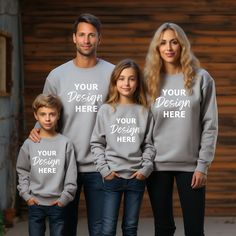 "Sport Grey Gildan 18000 Sweatshirt Family Mockup Check out our WHOLE Shop Bundle (50% OFF) - for all current and future mockups! https://aivcanvas.etsy.com/listing/1597703932 - WHAT YOU WILL RECEIVE - 1 high-resolution JPG file. The image will be ready to use and will be free of all watermarks and branding. The file is compatible with all photo editing software and ready for you to place your logo / graphic on. - INSTANT DOWNLOAD - 1. Purchase this listing. 2. Once payment is confirmed, you will be taken to the download page. Also, an email will be sent to you with your download link. Click \"Download\" to save the files in your computer. 3. Your files will be instantly downloaded to your computer. - LICENCE - By purchasing this product, you agree to our Terms of Use: * Unlimited personal Custom Print Long Sleeve Cotton Sweater, Long Sleeve Cotton Sweater With Custom Print, Customizable Casual Crew T-shirt, Family Matching Long Sleeve Custom Print T-shirt, Winter Custom Print Tops With Relaxed Fit, Winter Tops With Custom Print And Relaxed Fit, Cotton Long Sleeve Sweatshirt With Printing, Cotton Long Sleeve Printed Sweatshirt, Customizable Family Matching Crew Neck Sweatshirt