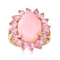 Ross-Simons - Pink Opal, 2.80ct t.w. Pink Sapphire Ring in 14kt Yellow Gold. Size 8. This rosy-hued ring is a marvelous mood booster! An 11x14mm oval cabochon of pink opal is nested in a shining halo of 2.80 ct. t.w. pear-shaped pink sapphires, creating a pretty floral look. Set in polished 14kt yellow gold. 7/8" wide. Pink sapphire and pink opal ring.  Opal birthstones are the perfect gift for October birthdays. October Birthdays, Pink Opal Ring, Opal Birthstone, Pearl Strands Necklace, Blue Topaz Bracelet, Ring Opal, Pink Sapphire Ring, Mixed Metal Jewelry, Butterfly Earrings Stud