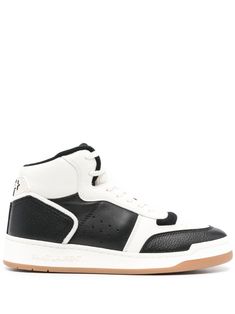 black/white calf leather colour-block panelled design flat rubber sole front lace-up fastening round toe Classic Fashion Pieces, Sneakers Design, Black And White Sneakers, Leather High Tops, Leather Cap, Beach Tote Bags, Urban Style, Colour Block, White Sneakers