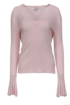 Current Boutique-27 Miles - Light Pink Ribbed Bell Sleeve Sweater Sz M Feminine Long Sleeve Ribbed Tops, Feminine Tops For Winter Loungewear, Spring Knit Top With Ribbed Cuffs, Trendy Spring Sweater With Ribbed Collar, Spring Knit Tops With Ribbed Cuffs, Trendy Knit Top With Ribbed Cuffs, Trendy Knit Top With Ribbed Collar For Spring, Spring Knit Top With Ribbed Collar, Autumn Look