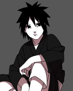 an anime character with black hair sitting on the ground