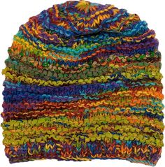 a multicolored knitted beanie is shown