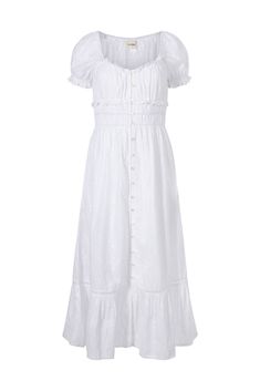 Our most epic romantic dress is here. The Mary dress is a delicate white long dress in a dreamy cotton textile. It features a round neckline, gathered bust and petite ruffles. Its stretchy smocked bodice finishes with a delicate crochet trimming, and gives way to a full-length skirt with in a big ruffle at the bottom. 100% cotton Maxi length BSCI certified. Made in India. Casual Midi Dress With Ruffled Fitted Bodice, Ruffled Puff Sleeve Peasant Dress, Daywear Smocked Dress With Ruched Ruffled Straps, Ruched Smocked Dress With Ruffled Straps For Daywear, Daywear Midi Dress With Ruffled Fitted Bodice, Ruffled Midi Dress With Fitted Bodice For Daywear, Daywear Prairie Dress With Ruffled Fitted Bodice, Midi-length Prairie Dress With Ruffles For Daywear, Midi Length Prairie Dress With Ruffles For Daywear