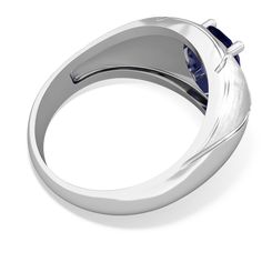 This is a bold and attractive 14K White Gold ring to surprise him with. Featuring a large, sparkling oval lab sapphire in a detailed setting, the ring features a large, sparkling oval vivid blue lab sapphire, accented by 2 diamonds. The contrast of brushed and polished gold creates a uniquely masculine look. Modern Sapphire Ring With Prong Setting, Formal Oval Sapphire Signet Ring, Formal Sapphire Oval Signet Ring, Modern Formal Sapphire Ring, Classic Oval Sapphire Signet Ring, Classic Sapphire Oval Signet Ring, Modern Oval Signet Ring With Diamond Cut, Modern Oval Diamond Cut Signet Ring, Modern Sapphire Ring With Center Stone For Formal Occasions