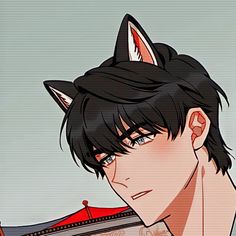 an anime character with black hair and cat ears, holding a knife in his hand