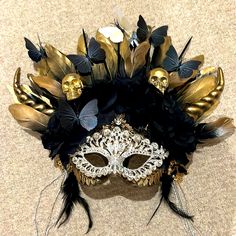 Gold And Black Mask With Feathers, Rhinestones And Roses! Amazing On! Elastic Band. Mask With Feathers, Masquerade Ideas, Mardi Gras Masks, Mardi Gras Mask, Black Mask, Mardi Gras, Gold Black, Elastic Band, Face Masks