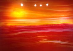 an abstract painting with three lights above the horizon and red, yellow, and orange colors