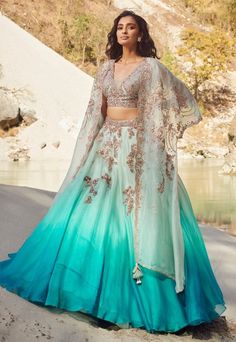 Dolly J-Fairoz Turquoise Lehenga Set-INDIASPOPUP.COM Ombre Lehnga Designs, Contrast Lehenga Color Combos, Lehnga Outfit, Lehenga Cape, Turquoise Lehenga, Sequence Outfits, Ombre Lehenga, Dolly J, Gorgeous Lehenga