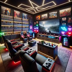 Cozy video game man cave features wall-mounted TV, multiple game consoles, gamer's PC setup, game-themed neon lights, reclining speakers chairs, and snack-packed fridge. Décor includes game posters & black-red scheme. #GameRoom #ManCave #GamingSetup #GamingPC #VideoGames #GameDecor Man Cave Designs, Celestial Ceiling, Mini Sala, Games Room Inspiration, Man Cave Design, Man Cave Furniture, Game Posters, Vintage Arcade