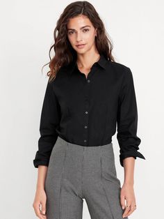 Slim Button-Down Shirt | Old Navy Black Collared Shirt Outfit, Collared Shirt Outfit, Collared Shirt Outfits, Black Collared Shirt, Chic Pants, Feminine Blouses, Cute Blouses, Fitted Dress Shirts, Tailored Shirts