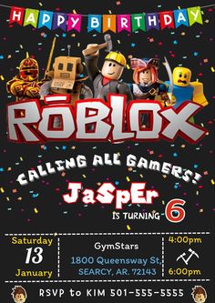 a birthday party flyer for roblox featuring characters from the lego movie, including