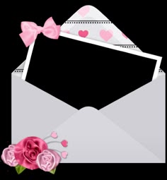 an open envelope with pink roses and hearts