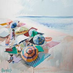 an oil painting of people at the beach with umbrellas and towels on the sand