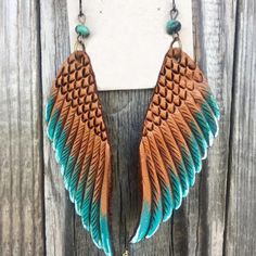 Faux Leather & Turquoise Angel Wing Earrings, 2 Sided Color, Nwot Leather Wings, Dangle Silver Earrings, Handmade Leather Jewelry, Leather Jewellery, Angel Wing Earrings, Jewelry Displays, Native American Style, Feather Pattern, Leather Ideas