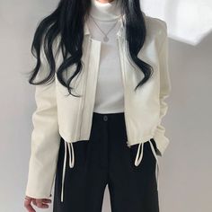 Product information:Style: Casual/Street/Vintage/Punk/Hip Pop/Y2K/SexyPattern: solid colorSleeve length: long sleeveCollar type: wavy collarColor: off white. blackSize: One SizeSize Information:Size: One Size Size（Unit：cmï¼?/th> Length Bust Shoulder Sleeve One size 52 100 41 60 Ladies Short Jackets, Female Biker, Pu Jacket, Faux Leather Coat, Leather Short, Vintage Punk, Motorcycle Outfit, Leather Jacket Black, Winter Jackets Women