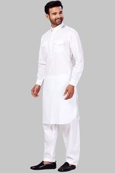 Buy Men's Polyester Solid Kurta Set in White Online - Front Solid Kurta Set, Silk Anarkali, Gents Kurta, Nikkah Dress, Brocade Blouses, Anarkali Gown, Online Clothing Store, Latest Mens Fashion, Printed Trousers