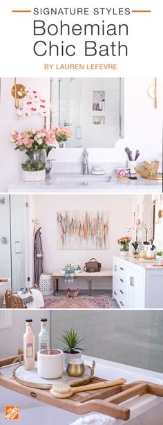 the bathroom is decorated in white and has pink flowers on the counter, along with other decor