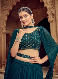 Top 6 Reasons Why Lehenga Choli has Become a Wardrobe Essential Hand Work Lehenga, Choli Style, Lehenga Blue, Lehenga Choli Designer, Fancy Lehenga, Dark Teal Color, Short Blouse, Georgette Lehenga, Work Lehenga