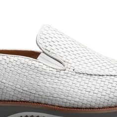 Mezlan Woven Hybrid Loafer White Contemporary, Casual Apron Toe Double Gore slip-on Loafer from the Mezlan Collection in Hand Woven Artisan Calfskin, featuring soft Calfskin lining, their injected memory foam comfort-cushion insole and a Rubber-Lite Grid Rubber Sole! Handmade in Spain. Elegant Slip-on Moccasins With Woven Sole, White Leather Slip-ons With Stitched Sole, White Almond Toe Slip-ons For Business, Modern White Slip-on Loafers, Elegant White Leather Slip-ons, Elegant Slip-ons With Woven Sole And Round Toe, Formal Slip-ons With Woven Sole, Comfortable White Leather Shoes, Classic Slip-ons With Woven Sole