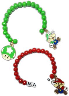 Themed Green Beaded Bracelets As Gift, Green Themed Beaded Bracelets As Gifts, Themed Green Beaded Bracelets For Gifts, Playful Wooden Beads Jewelry For Gifts, Green Novelty Jewelry With Letter Beads, Gaming Characters, Mario Luigi, Cute Bracelet, Mario And Luigi