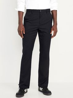 Classic Tailored Bottoms With Vertical Stripes, Business Striped Pants With Belt Loops, Classic Pinstripe Bottoms For Business Casual, Business Pants With Vertical Stripes And Straight Leg, Pinstripe Tapered Leg Business Bottoms, Tailored Striped Pants With Welt Pockets, Straight Leg Pants With Vertical Stripes For Business, Tailored Vertical Stripes Bottoms For Business, Tailored Bottoms With Vertical Stripes For Business