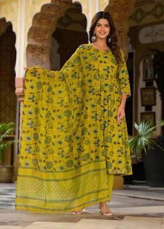 Grab this beautiful 3-piece set. The set comes with anarkali style block print & embroidered kurta has round neck, 3/4th sleeves & calf length teamed with printed trouser pants and a chanderi cotton dupatta to match. Color - Green Kurta Fabric-Viscose Pant Fabric-Viscose Dupatta Fabric- Chanderi Cotton Neck-Round Neck Sleeves-3/4th Sleeves Work - Block Print & Embroidery Detailing Washing Instructions-Dry Clean Model Height - 5.5 wearing size small. DISCLAIMER - The color of the product may be differ due to screen settings of device. A misprint here and a colour drop slip there is the beauty of printing which is not treated as a defect. Festive Kurta With Printed Motifs And 3/4 Sleeves, Festive Kurta With 3/4 Sleeves And Printed Motifs, Festive 3/4 Sleeve Kurta With Printed Motifs, Semi-stitched Yellow Kurta With Printed Motifs, Yellow Semi-stitched Kurta With Printed Motifs, Traditional Festive Set With 3/4 Sleeves, Block Print Straight Kurta Sets For Diwali, Semi-stitched Block Print Kurta For Diwali, Yellow Kurta With Printed Motifs For Diwali