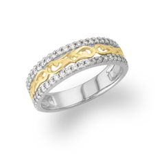 60973 - 14K White Gold and 14K Yellow Gold - Nalani Ring Open Band Ring With Decorative Band For Promise, Decorative Open Band Promise Ring, Yellow Gold Ring With Decorative Band, Yellow Gold Rings With Decorative Band And Round Cut, Anniversary Engraved Ring In Yellow Gold With Diamond Accents, Anniversary Diamond Ring In White Gold With Decorative Band, Fine Jewelry Promise Ring With Decorative Band, Elegant 14k Stamped Bands For Anniversary, Yellow Gold Diamond Ring With Decorative Band For Promise