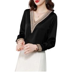 SURESTORY Women's Elegant Fashion Luxury Silk Designer Lace Trimmed Bl – Divine Inspiration Styles Chiffon Shirt Blouse, Lace Trim Blouse, Elegant Clothing, Straight Clothes, Fall Blouse, Shirts Women Fashion, Top Shirt Women, Casual Cardigans, Luxury Silk