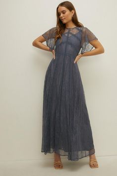 Dresses | Petite Premium Delicate Lace Maxi Bridesmaids Dress | Oasis Casual Maxi Dresses Formal, Lace Sleeved Bridesmaid Dresses, Slate Blue Formal Dress, Enchanted Forest Wedding Guest Dress, Vintage Bridesmaid Dress, Wedding Guest Outfit Petite, Wedding Guest Dress September, 1920s Style Dresses, Wedding Dresscode