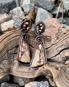 Hypoallergenic Petrified Wood and Copper Earrings Unique Brown Hoop Earrings For Gift, Unique Hypoallergenic Adjustable Earrings, Brown Wire Wrapped Dangle Earrings, Artisan Hypoallergenic Drop Earrings, Hypoallergenic Teardrop Plug Earrings Gift, Hypoallergenic Brown Sterling Silver Earrings, Nature-inspired Hypoallergenic Teardrop Jewelry, Nature-inspired Hypoallergenic Dangle Earrings, Unique Hypoallergenic Plug Earrings For Gift