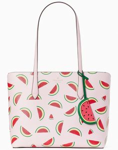 Kate Spade Marlee Watermelon Party Tote with Bag Charm Pink Saffiano PVC; Color Code: pink multi (650) New with Tags; Authenticity Guaranteed! KB677 / Retail $359 Kate Spade Gift Bag Included (design may vary) you know this tote holds your everyday stuff like a wallet, keys, phone, sunglasses. it also holds: two red lipsticks, $6 in change, 11 crumpled receipts, an avocado… DETAILS Measurements 14” (bottom) 16” (top) W x 11" H x 6" D Strap Drop: 10.5" Features ksny foil embossed logo Closure Typ Kate Spade Summer Shopping Bag, Tory Burch Outlet, Red Kate Spade Shopping Bag, Kate Spade Strawberry Wallet, Kate Spade Purse Pink, Kate Spade Pink Bag With Zipper Closure, Kate Spade Outlet, Watermelon Party, Logo Line