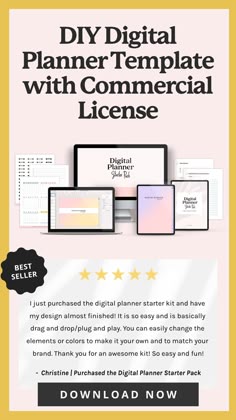 a flyer for a digital planner with the text, diy digital planner template with commercial license