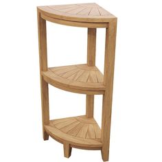 a wooden corner shelf with two shelves on each side