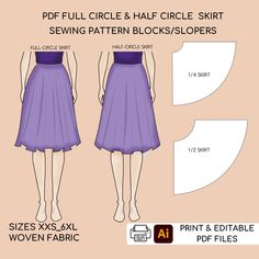 Full Circle Skirt Sewing Pattern Block & Half Circle Skirt Sewing Pattern Blocks | Sizes XXS-6XL  Are you a self-taught sewer or a professional fashion designer? Fashion student or graduate, crafter, seamstress, tailor, or pattern maker? Do you create patterns for fun or professional? Then this is for you! It is a Women's Printable Pdf Sewing Patterns Block (Sloper) for WOVEN fabrics It is a TOOL (Basic Template), to work with and develop into a variety of garments. You can manipulate them to create your own unique designs or use the patterns as they are and add seams only. SEWING TUTORIAL & SEAM ALLOWANCES NOT INCLUDED. You need basic knowledge of sewing clothes. SIZES: XXS-6XL (Check the size chart in the photos for details). FORMAT Digital files. Instant Download. *No paper pattern will Tunic Sewing Pattern Free, Circle Skirt Sewing Pattern, Half Circle Skirt, Circle Skirt Pattern, Sewing Pattern Free, Tunic Sewing Patterns, Clothes Sizes, Skirt Sewing Pattern, Skirt Sewing