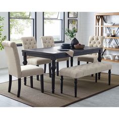 This dining table set is designed to combine elegance with practicality, featuring a rectangular table alongside 4 upholstered chairs and a versatile bench. The table offers ample surface area, perfect for family meals or entertaining guests, while its sturdy construction ensures stability and longevity. The upholstered chairs provide a comfortable seating experience, allowing diners to relax and enjoy meals together. The addition of the bench not only enhances seating capacity but also adds a c Remodeling House, Set Meja Makan, Black Dining Room, Solid Wood Dining Set, Set Table, New Home Decor, Dining Room Tables, Dining Table Set, Dining Room Bar