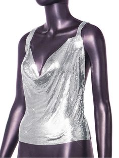 Metal halter top Silver Tank Top For Club, Silver Fitted Tank Top, Glamorous Halter Neck Summer Top, Glamorous Halter Neck Tops For Summer, Summer Party Triangle Top, Silver Halter Top For Summer Evenings, Silver Sleeveless Halter Top For Summer, Glamorous Halter Neck Tank Top For Club, Glamorous Backless Tank Top For Summer