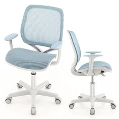 an office chair with wheels and a foot rest on the back, shown in two different colors