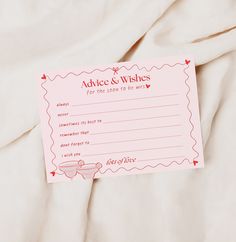 a piece of paper that has been placed on a bed with the words advice and wishes