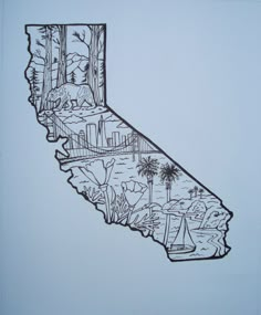 a black and white drawing of the state of california with trees, water, and boats