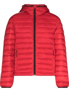 Carmine red Rossi hooded padded jacket from ROSSIGNOL featuring padded design, logo patch at the sleeve, classic hood, front zip fastening, long sleeves, elasticated cuffs, two side zip-fastening pockets and straight hem. | Rossignol Rossi hooded padded jacket Outdoor Down Hooded Jacket With Zipper Closure, Pad Design, Mens Outerwear, Padded Jacket, Red Jacket, Thom Browne, Design Logo, Tom Ford, Outerwear Jackets