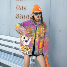 Free Shipping With $35+ Brand Name Awakecrm Material COTTON Origin US(Origin) Season Spring/Autumn Pattern Type Cartoon Clothing Length Regular Age Ages 18-35 Years Old Collar Turn-down Collar Closure Type Single Breasted Item Type Outerwear & Coats Sleeve Length(cm) Full Sleeve Style Regular Graffiti Jacket, Cartoon Leopard, Estilo Kitsch, Colorful Graffiti, Making Clothes, Painted Denim Jacket, Retro Jacket, Female Cartoon, Painted Denim