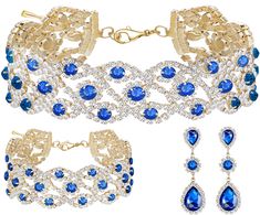 PRICES MAY VARY. ❤ FLOWER DESIGN: September sapphire blue birthstone gold rhinestone jewelry set September sapphire blue statement choker necklace rhinestone crystal link bracelets teardrop drop dangle earrings are flower design. The flower design rhinestone dotted with the white round crystal, the classic and elegant design always keep pace with fashion, never goes out of style. Easy to match any outfits. It makes you impressive anytime any occasion. ❤ Brand Name: Paxuan. Material: AAA quality Jeweled Crystal Jewelry Sets As Gift, Jeweled Crystal Jewelry Sets For Gifts, Elegant Party Jewelry Sets With Choker, Crystal Jewelry Sets As Gift, Elegant Choker Jewelry Sets For Party, Formal Jeweled Choker Jewelry, Blue Costume Jewelry For Formal Occasions, Dangle Rhinestone Jewelry Sets For Gifts, Rhinestone Dangle Jewelry Sets For Gifts