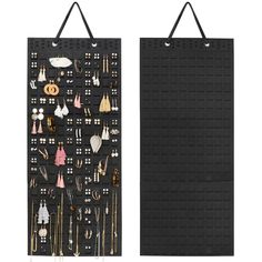 two black pegboard with earrings hanging from it's sides, and one showing earring hooks