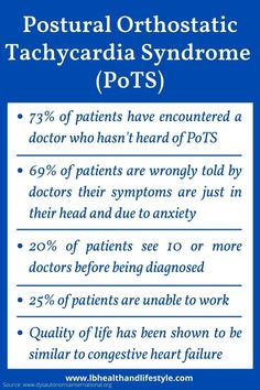 Dysautonomia is a dysfunction of the autonomic nervous system, which controls every body function without us consciously having to think about it, such as:- Heart rate, Blood pressure, Breathing, Temperature and Digestion. There are 15 types of dysautonomia, one of which is postural orthostatic tachycardia syndrome, also called postural orthostatic tachycardia syndrome, POTS syndrome or POTS.   WHAT IS POSTURAL ORTHOSTATIC TACHYCARDIA SYNDROME (POTS)? Normally when you go from laying down or Sjogrens Syndrome