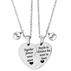 PRICES MAY VARY. 💖Basic Information:Material:stainless steel; Size: Length of the necklace is 18 inches; Form:2PCS Split heart engraved TOGETHER FOREVER NEVER APART,MAYBE IN DISTANCE BUT NEVER IN HEART necklaces. 💖Special design: The necklaces seperate and it comes in two parts for two people.Due to our bracelet is handmade 💖Great Gifts: Special gifts for your family lover and friends and yourself to get a beautiful feeling in life. For example:you can buy this for your best friend for their Heart-shaped Metal Necklaces For Friendship, Heart-shaped Metal Necklace For Friendship, Meaningful Stainless Steel Necklaces For Anniversary, Stainless Steel Double Heart Necklace For Anniversary, Stainless Steel Double Heart Necklace For Mother’s Day, Valentine's Day Double Heart Stainless Steel Necklace, Valentine's Day Stainless Steel Double Heart Necklace, Valentine's Day Stainless Steel Necklace, Nickel-free Stainless Steel Necklace For Friendship