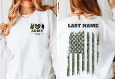 Customize your Army Mom tshirt with your soldier's last name on the back above the camouflage American flag.  We can accommodate up to 15 letters but please be advised that the text may be smaller to fit it on the shirt. Perfect tee for the new Army Mom, seasoned Army Mom, or a Veteran's Mom. Please message us if you have any questions! GILDAN 18000 UNISEX SWEATSHIRT ✨ 50% cotton, 50% polyester ✨Medium-heavy fabric (8.0 oz/yd² (271.25 g/m ✨Loose fit ✨Sewn-in label ✨Runs true to size BELLA CANVAS Air Force Girlfriend Shirts, Air Force Wife Shirt, Air Force Mom Shirt, Army Girlfriend Shirts, Army Mom Shirts, Airforce Wife, Military Pride, Military Girlfriend, Air Force Mom