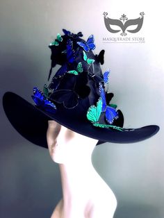 Handcrafted with love and attention to detail, this Witches Hat or sorcerer Hat fits adults and can be customized in amazing array of Butterfly Colors! Simple and comfortable witch hat with butterflies in different size variations. C U S T O M I Z A T I O N We offer other color butterflies as well. Get in touch for custom orders! S I Z E Adult size. S H I P P I N G - Processed same day or within 24 hours. 1-2 day guaranteed delivery, add item to cart, click shipping tab for rates. Pls leave a ch Butterfly Witch Costume, Whimsical High Crown Hats For Costume Party, Whimsical High Crown Hat For Themed Events, Fantasy High Crown Costume Accessories For Halloween, Fantasy High Crown Halloween Costume Accessories, Whimsical High Crown Costume Hat, Curved Brim Hat For Halloween Themed Events, High Crown Hats For Halloween Themed Events, Halloween High Crown Hat For Themed Events