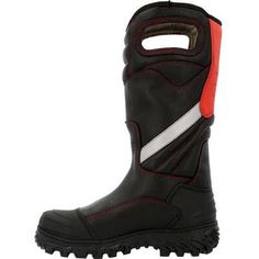 a pair of black boots with red and white stripes on the outstep, side view